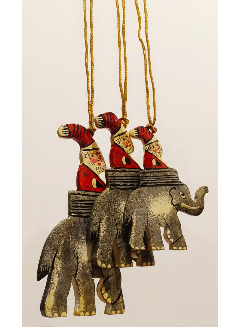 DECORATIVE PAPER MACHE HANGING ELEPHANT WITH SANTA 3 PC SET - Image 1